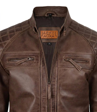 Men's Chocolate Brown Leather Biker Jacket with Quilted Shoulders | Jacket Aura in XS - Jacket Aura