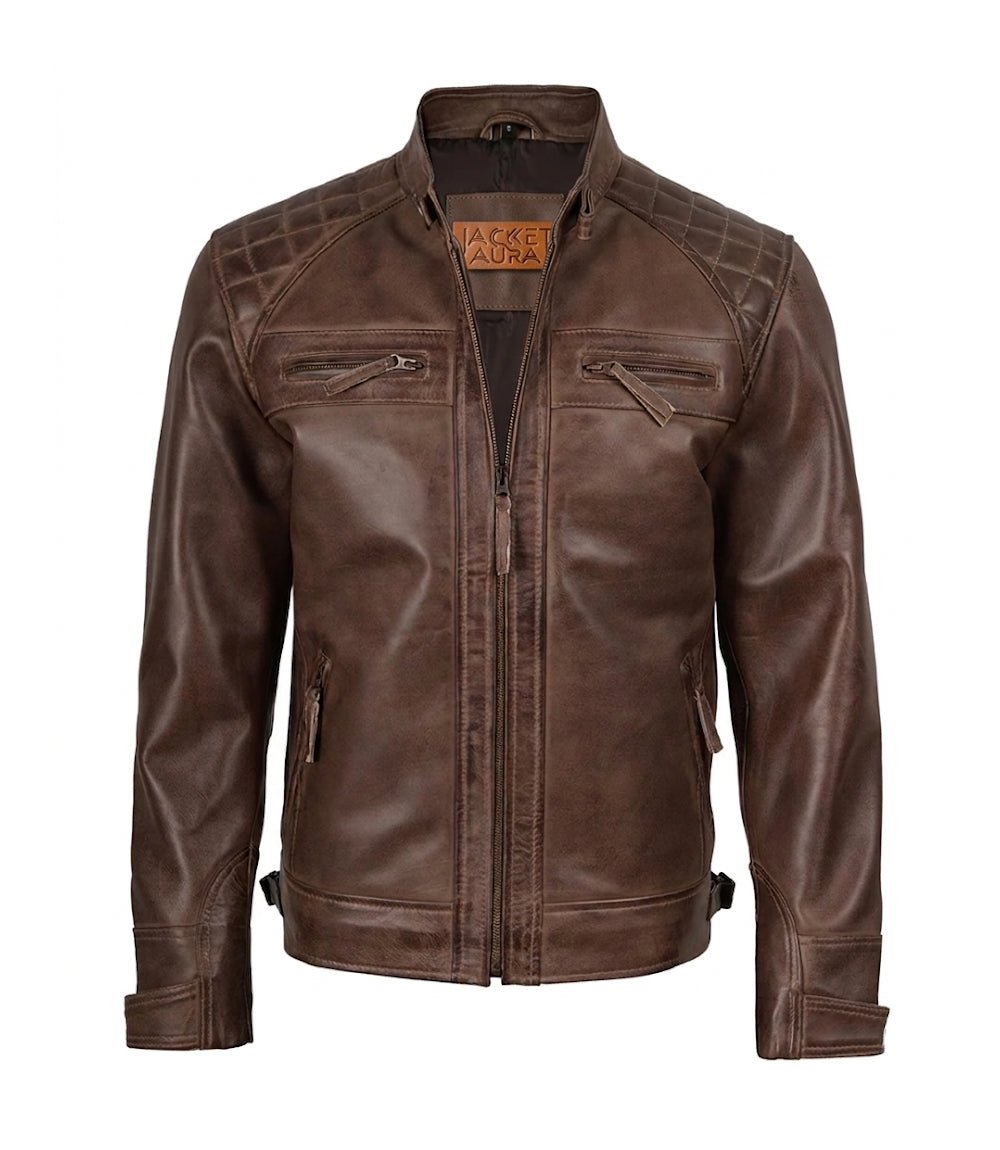 Men's Chocolate Brown Leather Biker Jacket with Quilted Shoulders | Jacket Aura in XS - Jacket Aura