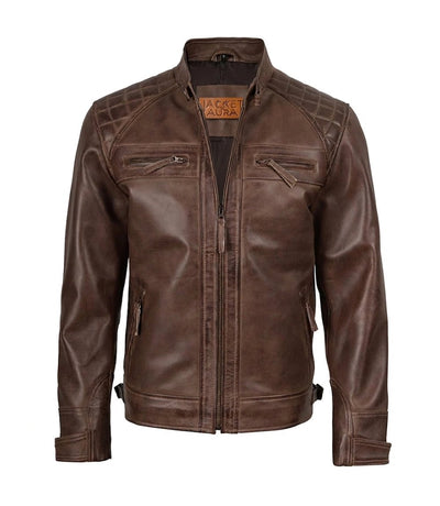Men's Chocolate Brown Leather Biker Jacket with Quilted Shoulders | Jacket Aura in XS - Jacket Aura