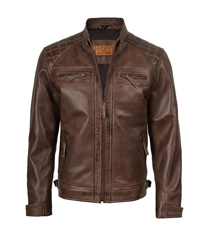 Men's Chocolate Brown Leather Biker Jacket with Quilted Shoulders | Jacket Aura in XS - Jacket Aura