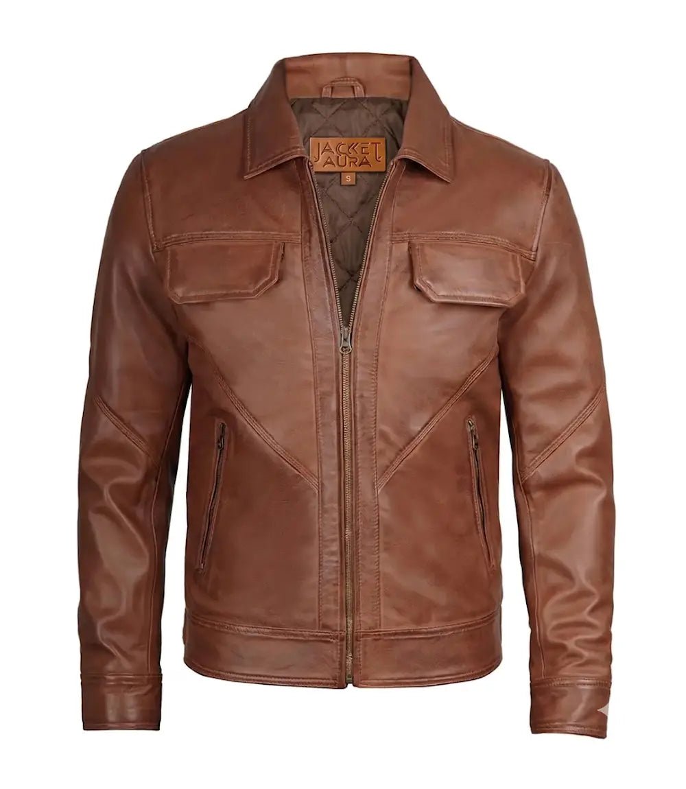 Men's Cognac Leather Trucker Jacket with Shirt Collar | Jacket Aura in XS - Jacket Aura