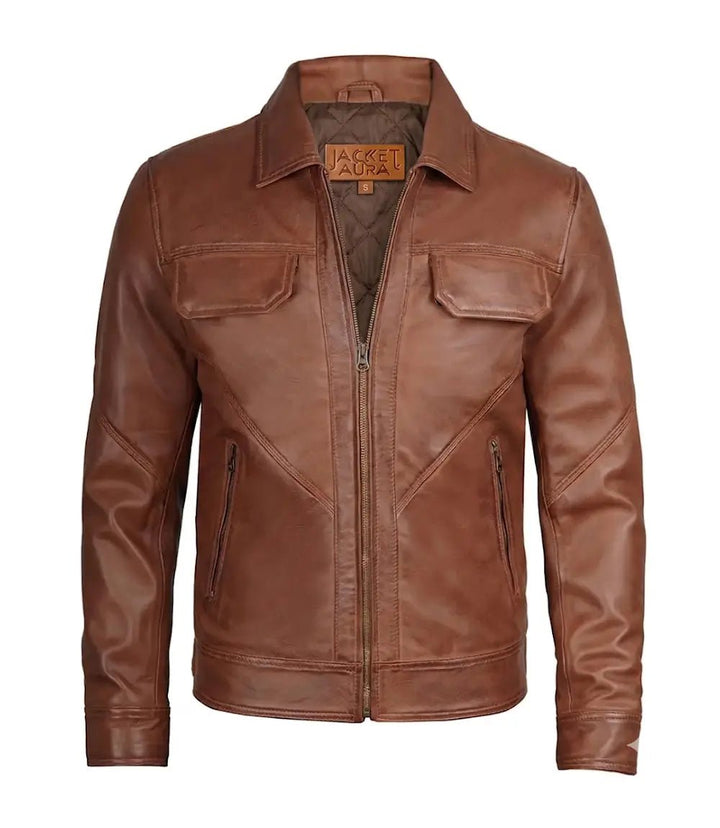 Men's Cognac Leather Trucker Jacket with Shirt Collar | Jacket Aura in XS - Jacket Aura