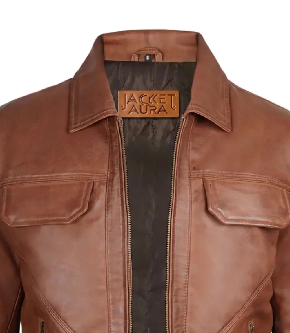 Men's Cognac Leather Trucker Jacket with Shirt Collar | Jacket Aura in XS - Jacket Aura