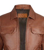 Men's Cognac Leather Trucker Jacket with Shirt Collar | Jacket Aura in XS - Jacket Aura