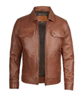 Men's Cognac Leather Trucker Jacket with Shirt Collar | Jacket Aura in XS - Jacket Aura