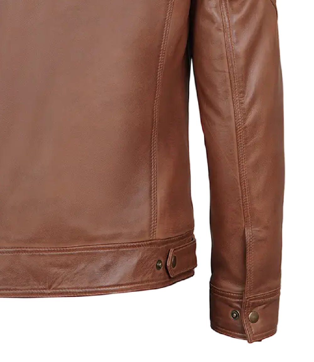 Men's Cognac Leather Trucker Jacket with Shirt Collar | Jacket Aura in XS - Jacket Aura