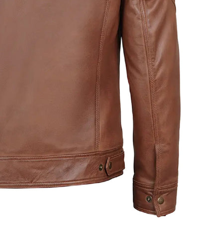 Men's Cognac Leather Trucker Jacket with Shirt Collar | Jacket Aura in XS - Jacket Aura