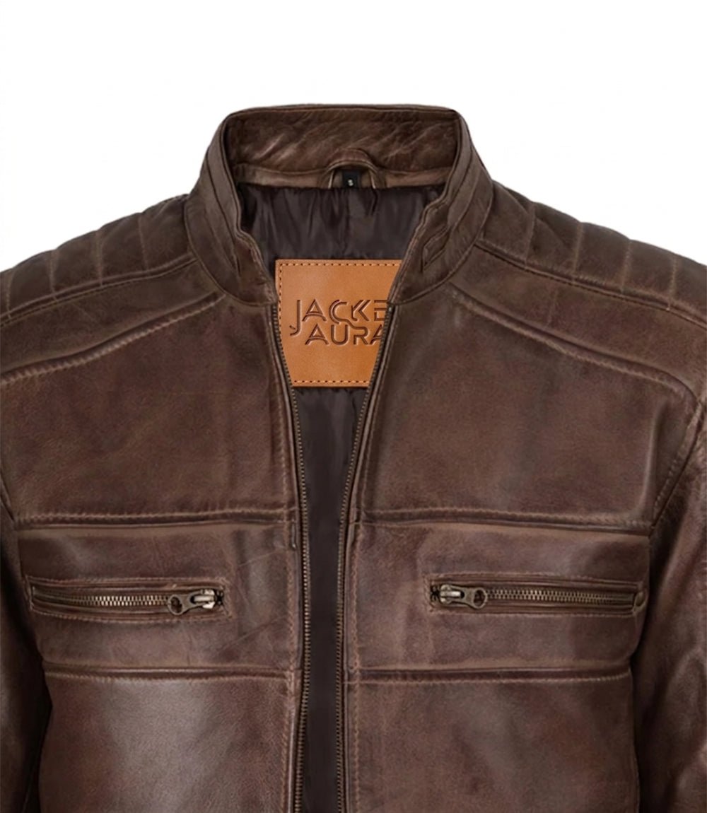 Men's Brown Quilted Leather Biker Style Jacket | Jacket Aura in XS - Jacket Aura