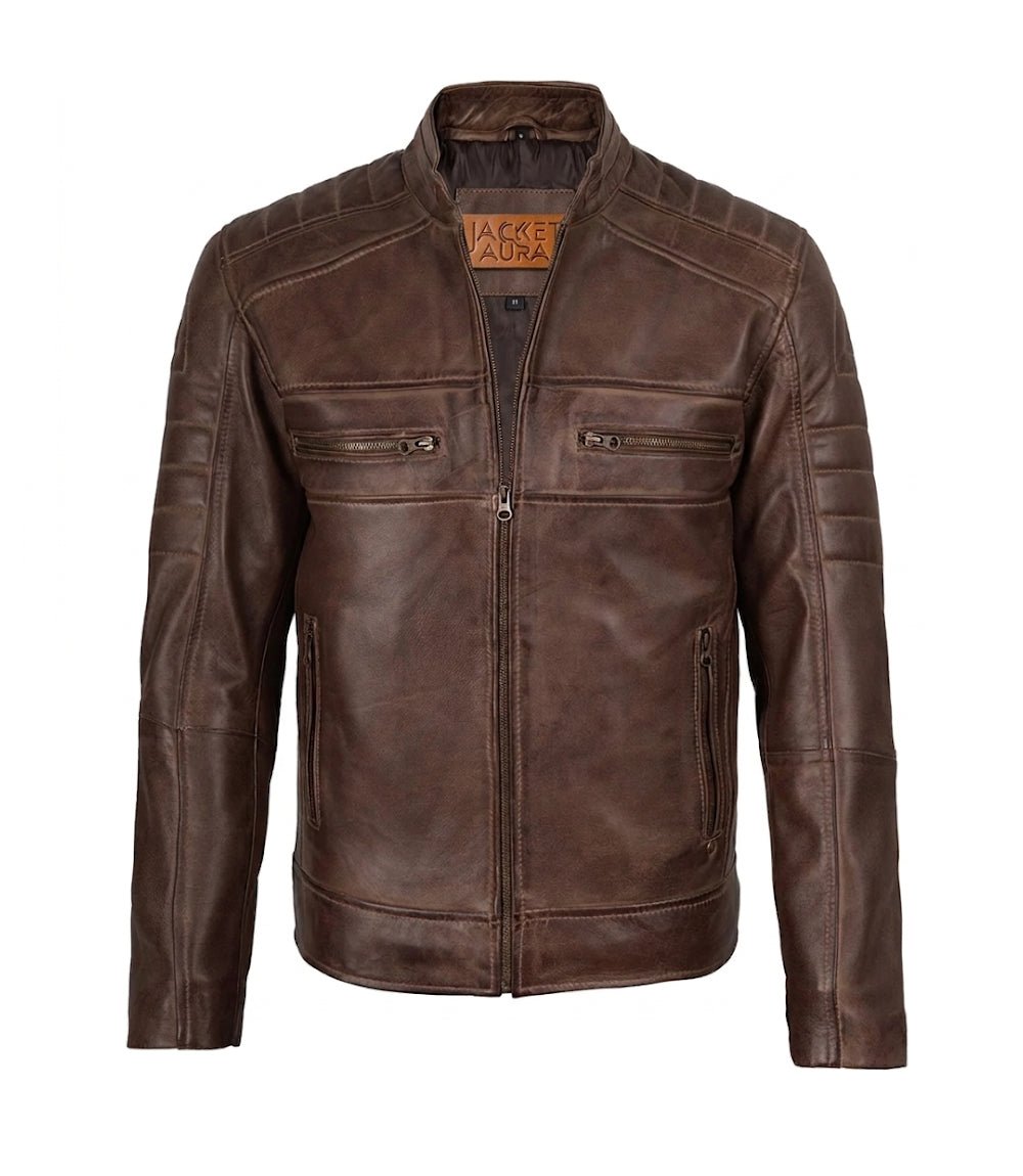 Men's Brown Quilted Leather Biker Style Jacket | Jacket Aura in XS - Jacket Aura