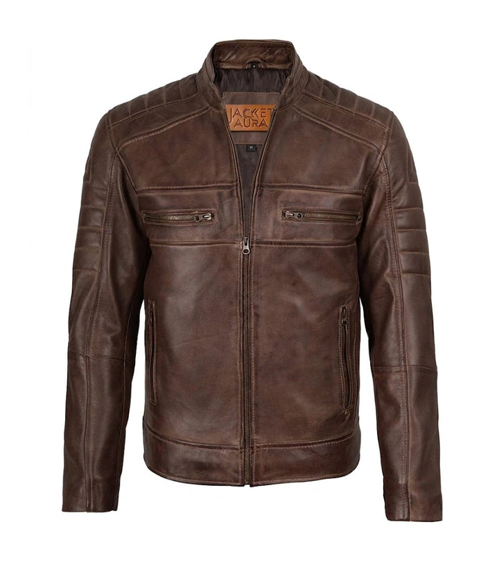 Men's Brown Quilted Leather Biker Style Jacket | Jacket Aura in XS - Jacket Aura