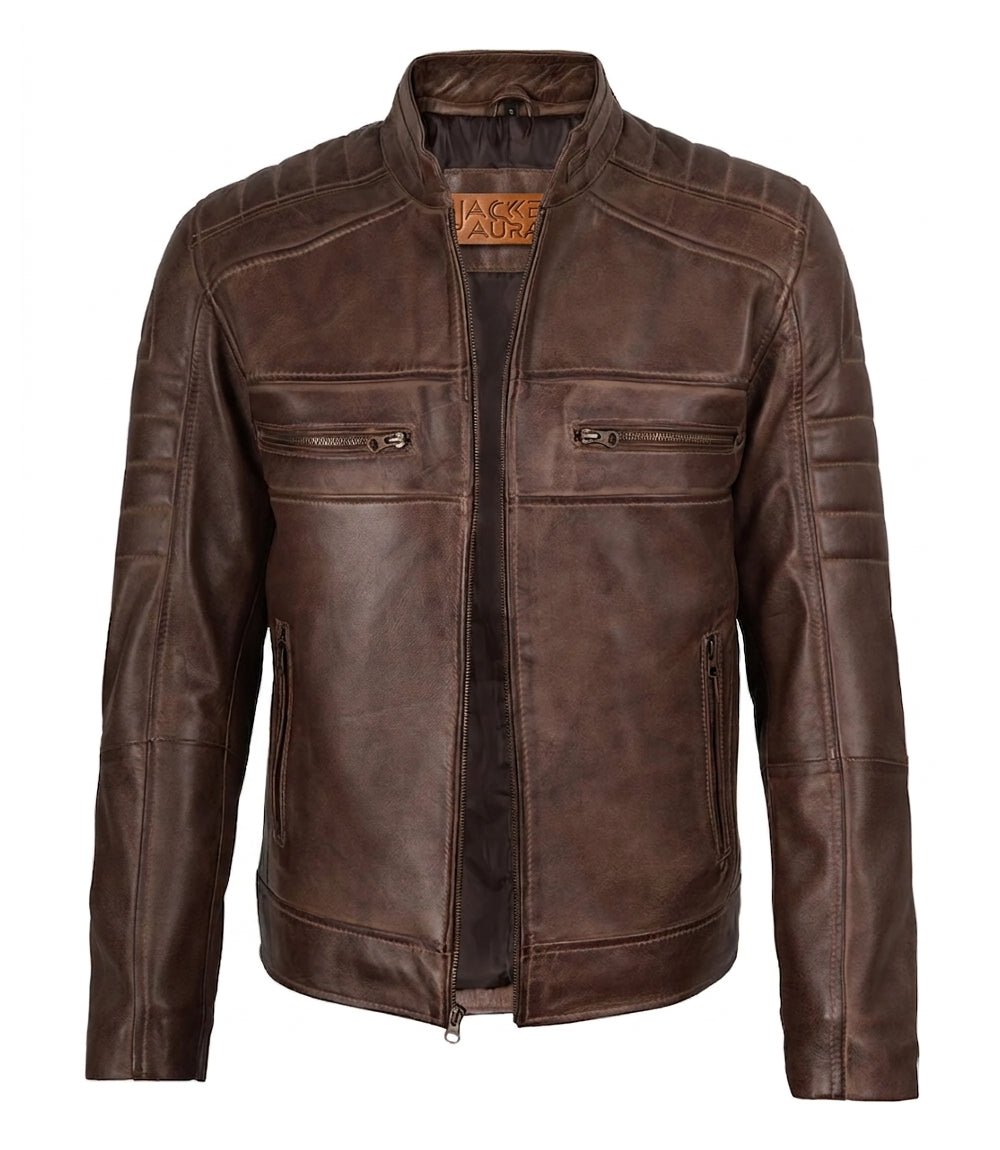 Men's Brown Quilted Leather Biker Style Jacket | Jacket Aura in XS - Jacket Aura