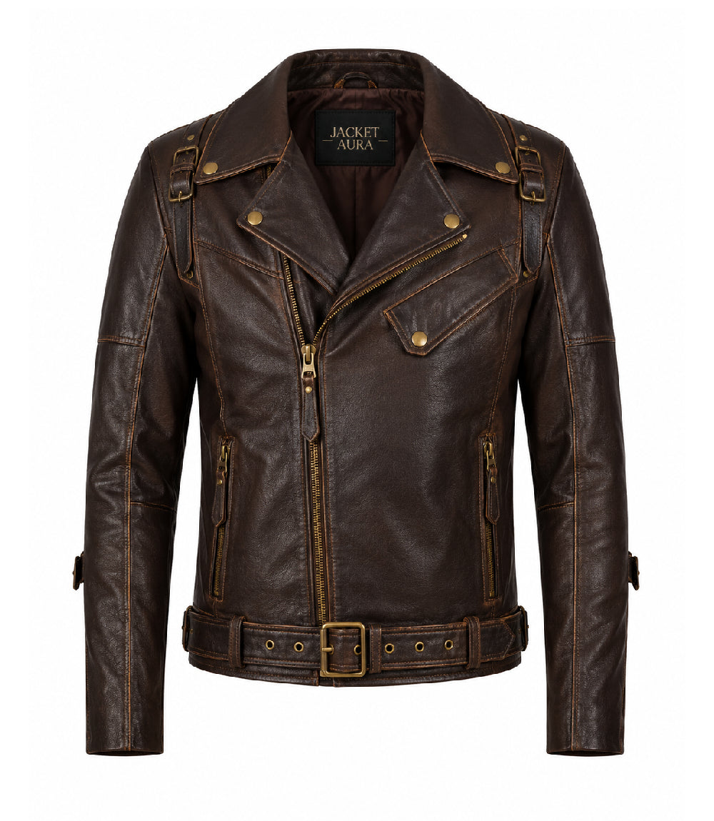 Men’s Dark Brown Belted Leather Biker Jacket