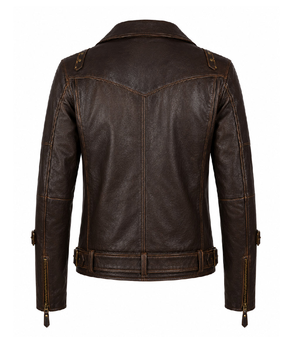 Men’s Dark Brown Belted Leather Biker Jacket