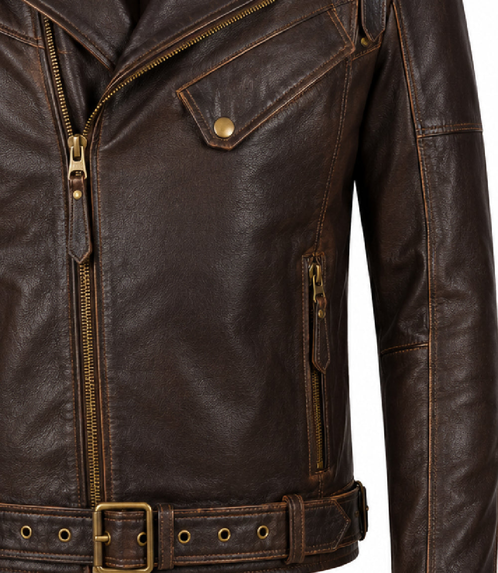 Men’s Dark Brown Belted Leather Biker Jacket