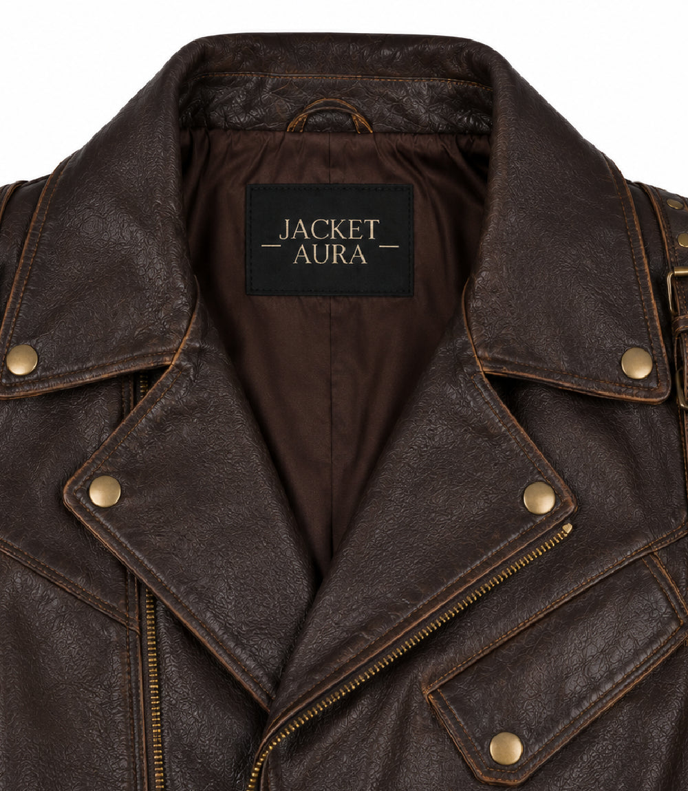 Men’s Dark Brown Belted Leather Biker Jacket