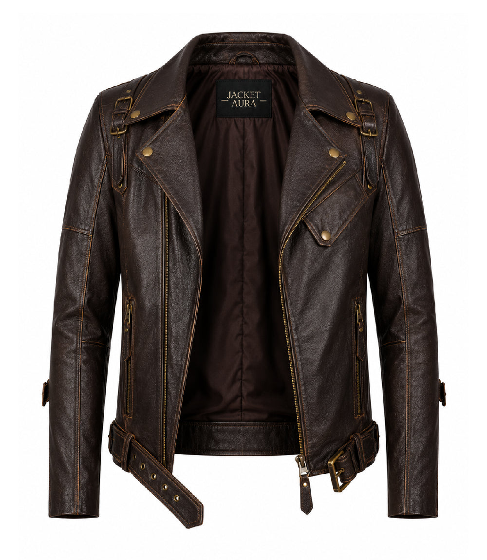 Men’s Dark Brown Belted Leather Biker Jacket