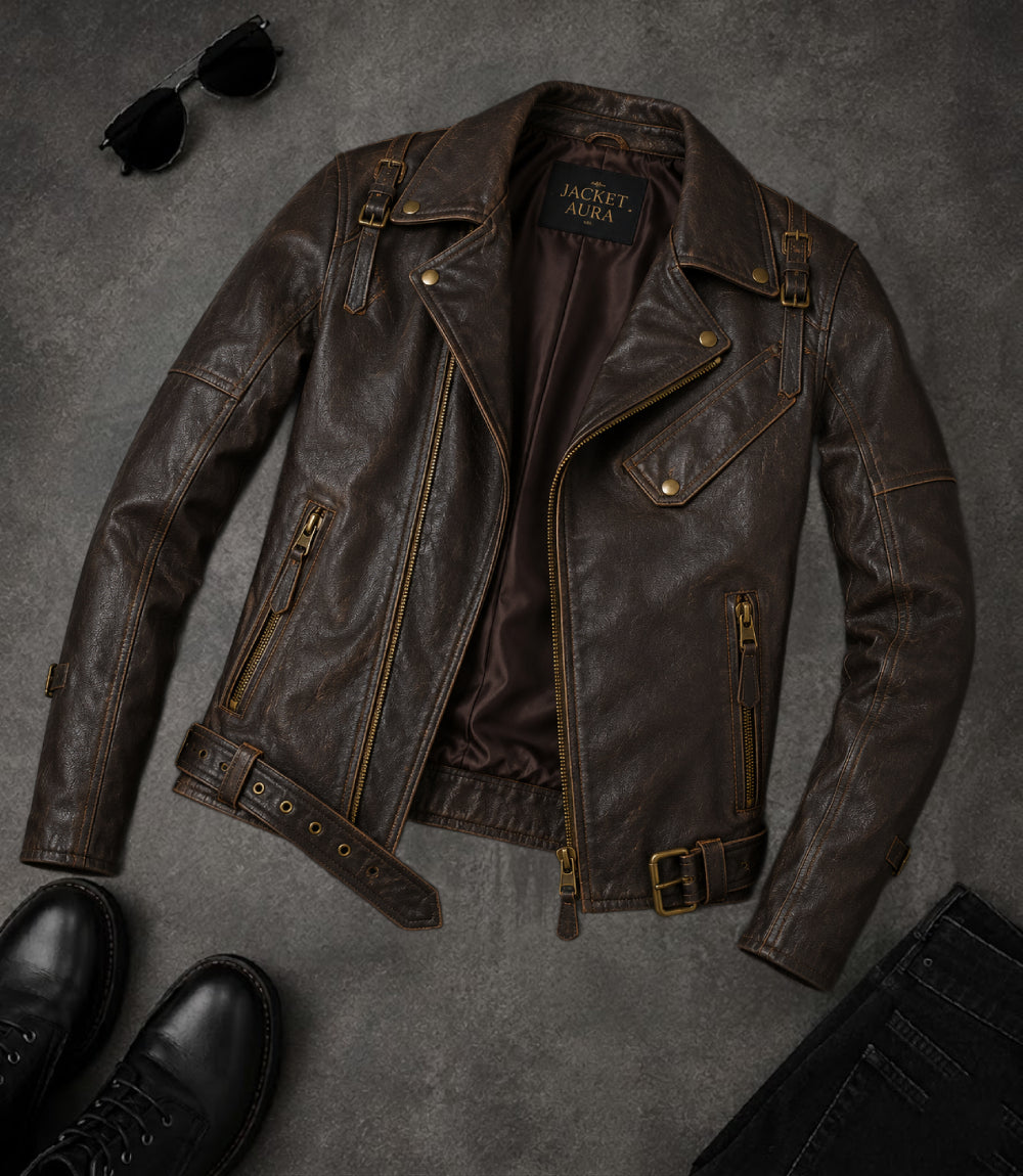 Men’s Dark Brown Belted Leather Biker Jacket
