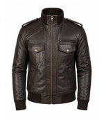 Men’s Dark Brown Military Leather Bomber Jacket in XS - Jacket Aura