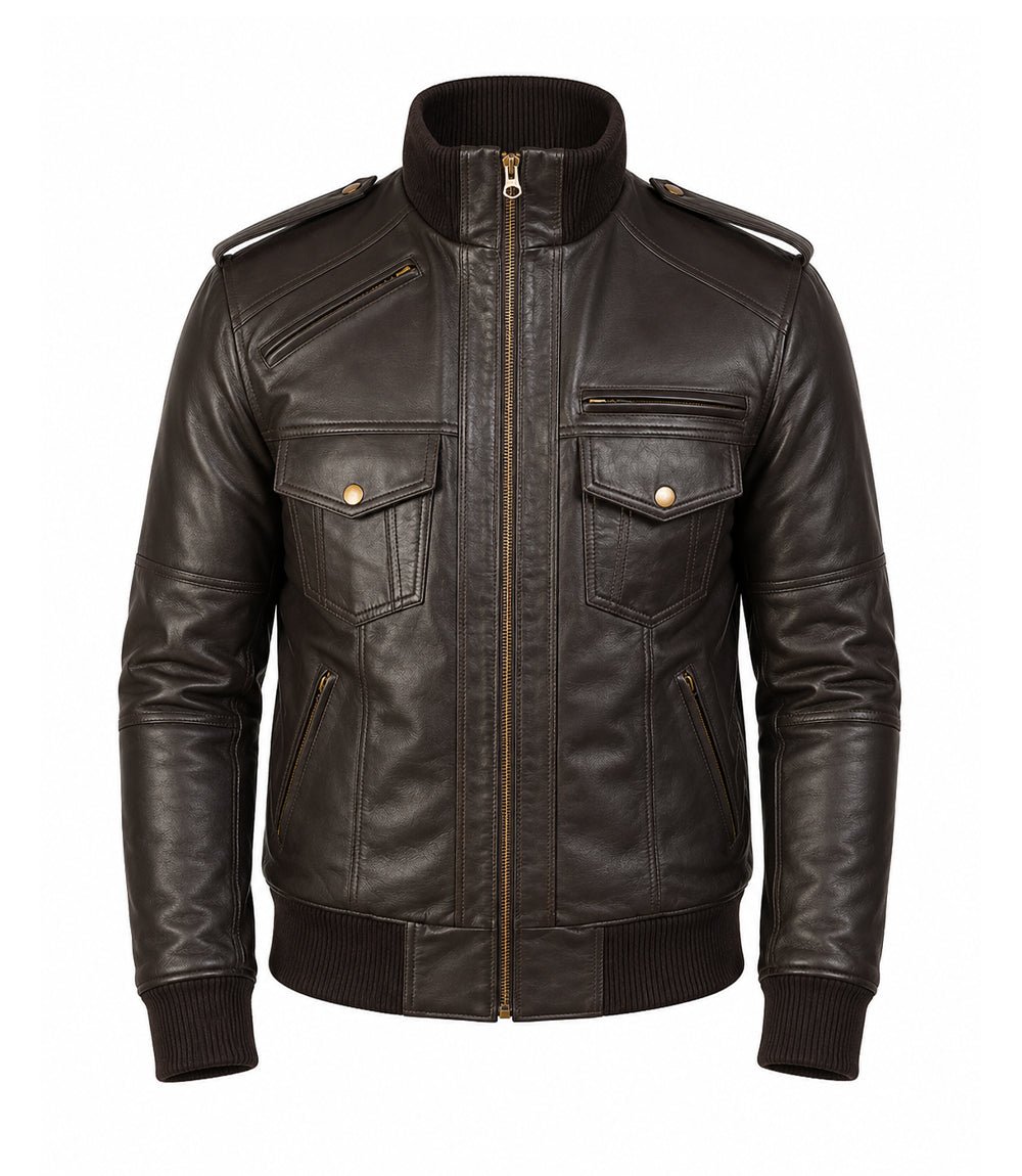 Men’s Dark Brown Military Leather Bomber Jacket in XS - Jacket Aura