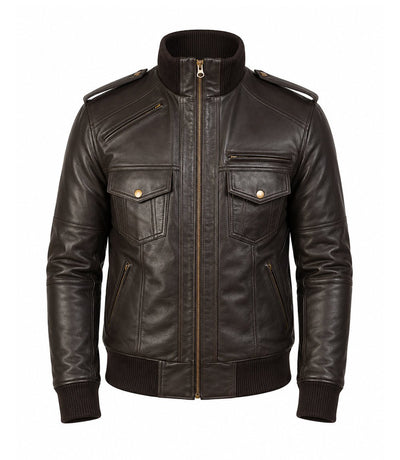 Men’s Dark Brown Military Leather Bomber Jacket in XS - Jacket Aura