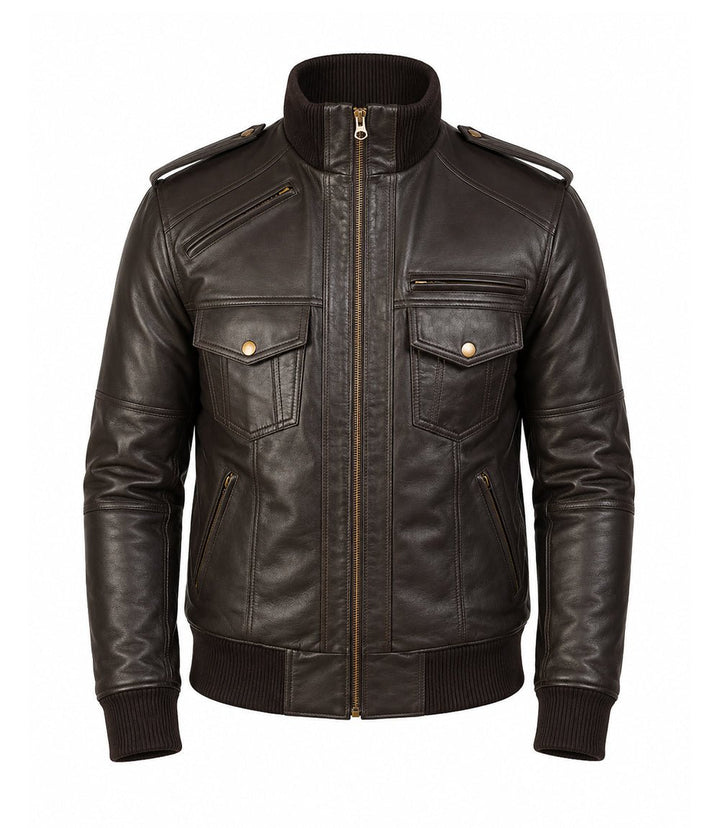 Men’s Dark Brown Military Leather Bomber Jacket in XS - Jacket Aura