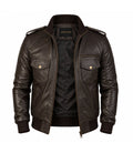Men’s Dark Brown Military Leather Bomber Jacket in XS - Jacket Aura