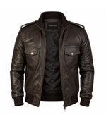 Men’s Dark Brown Military Leather Bomber Jacket in XS - Jacket Aura