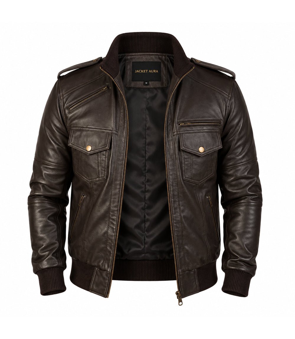Men’s Dark Brown Military Leather Bomber Jacket in XS - Jacket Aura