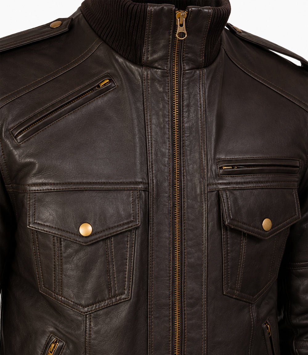 Men’s Dark Brown Military Leather Bomber Jacket in XS - Jacket Aura