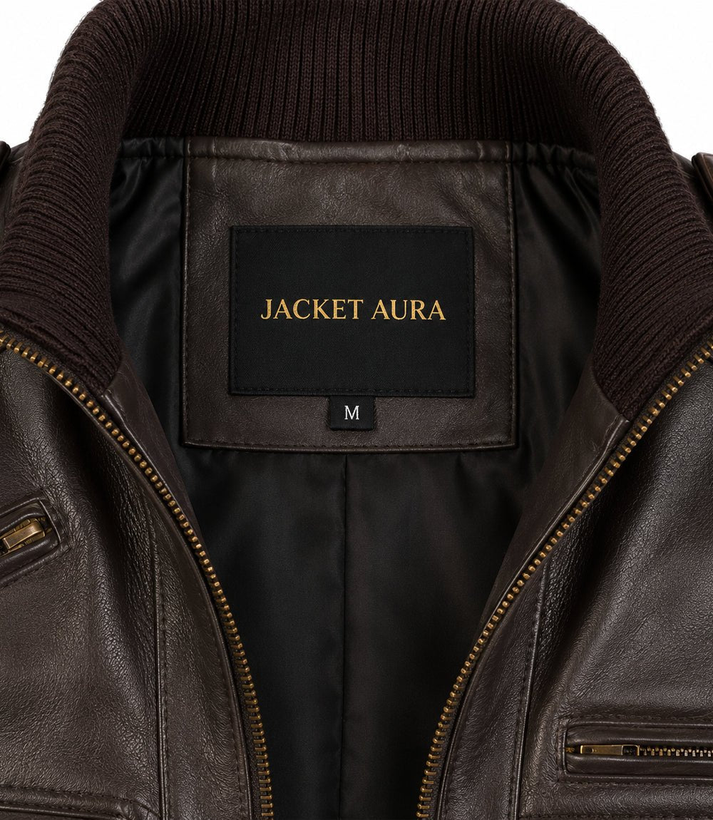 Men’s Dark Brown Military Leather Bomber Jacket in XS - Jacket Aura