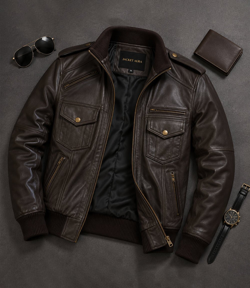 Men’s Dark Brown Military Leather Bomber Jacket in XS - Jacket Aura