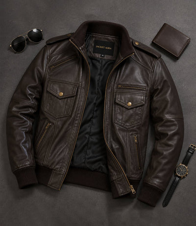 Men’s Dark Brown Military Leather Bomber Jacket in XS - Jacket Aura