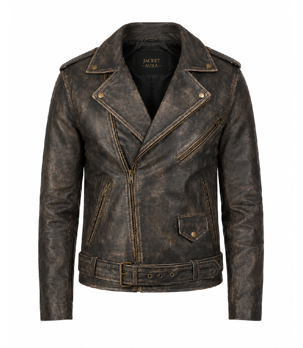 Men’s Distressed Brown Leather Biker Jacket