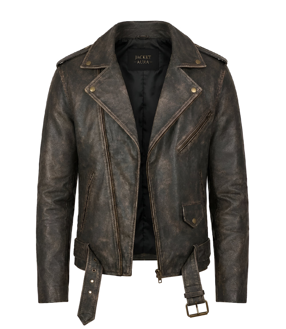 Men’s Distressed Brown Leather Biker Jacket