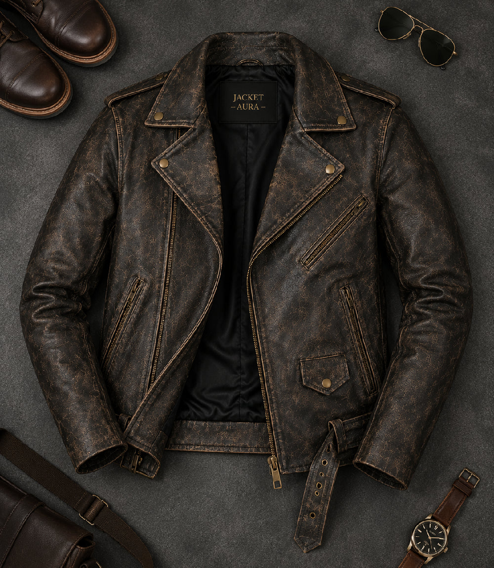Men’s Distressed Brown Leather Biker Jacket