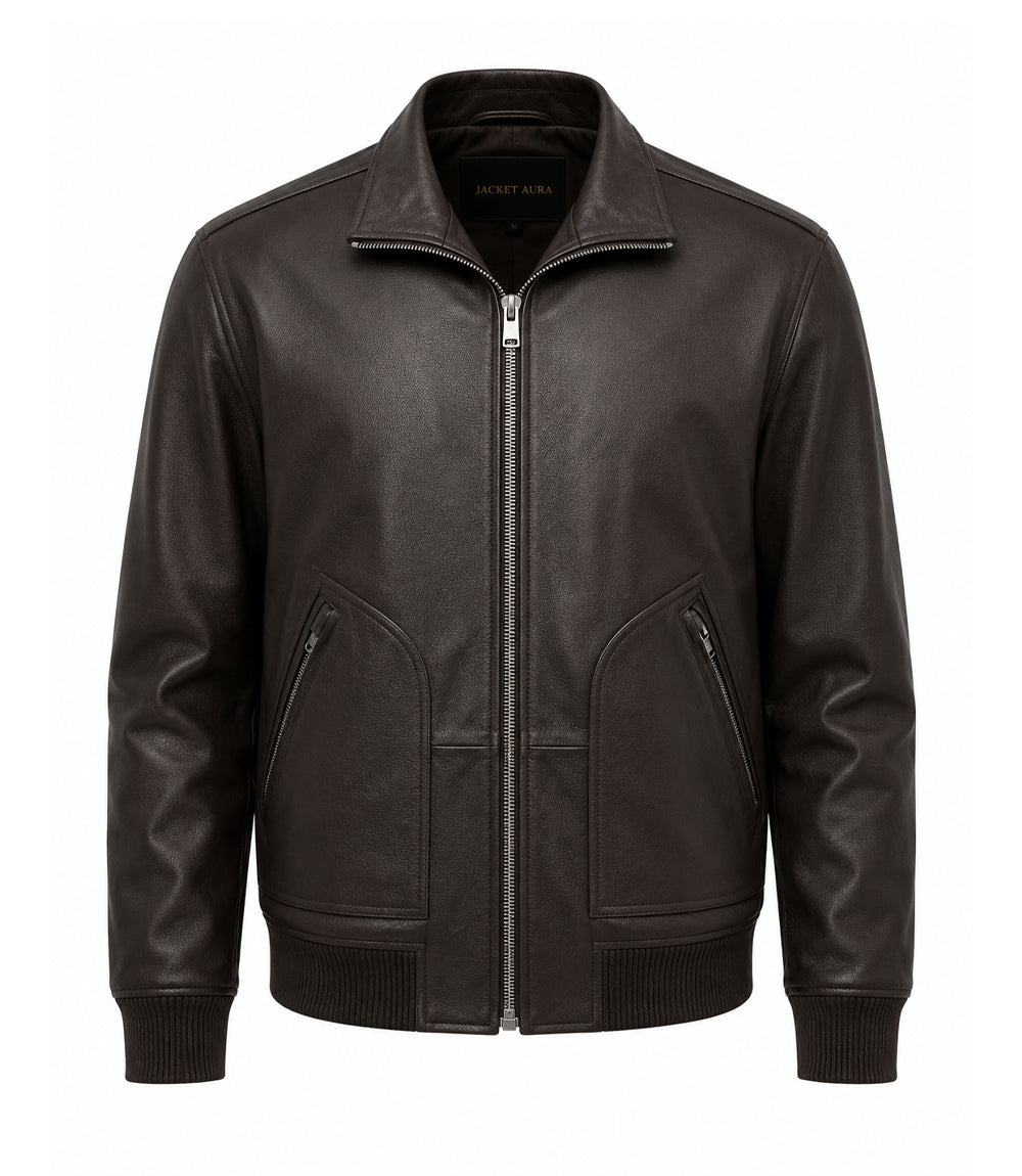 Men’s Espresso Brown Leather Zip Bomber Jacket in XS - Jacket Aura