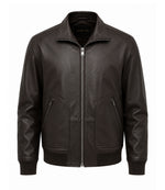 Men’s Espresso Brown Leather Zip Bomber Jacket in XS - Jacket Aura