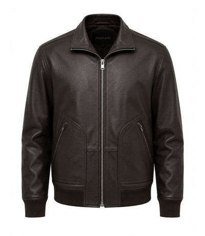 Men’s Espresso Brown Leather Zip Bomber Jacket in XS - Jacket Aura