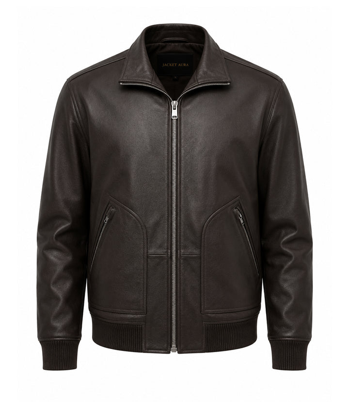 Men’s Espresso Brown Leather Zip Bomber Jacket in XS - Jacket Aura