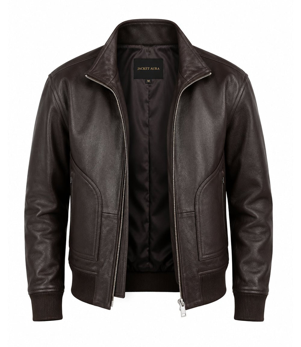 Men’s Espresso Brown Leather Zip Bomber Jacket in XS - Jacket Aura