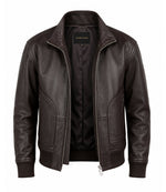 Men’s Espresso Brown Leather Zip Bomber Jacket in XS - Jacket Aura