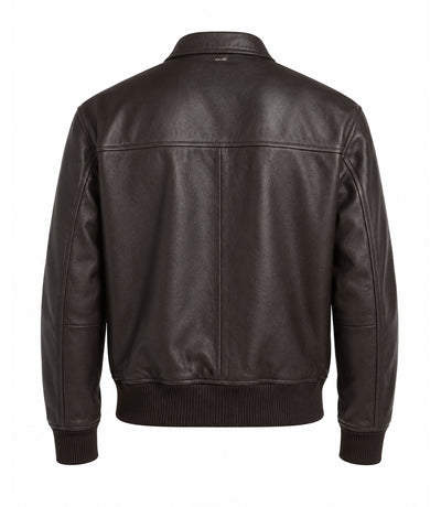 Men’s Espresso Brown Leather Zip Bomber Jacket in XS - Jacket Aura