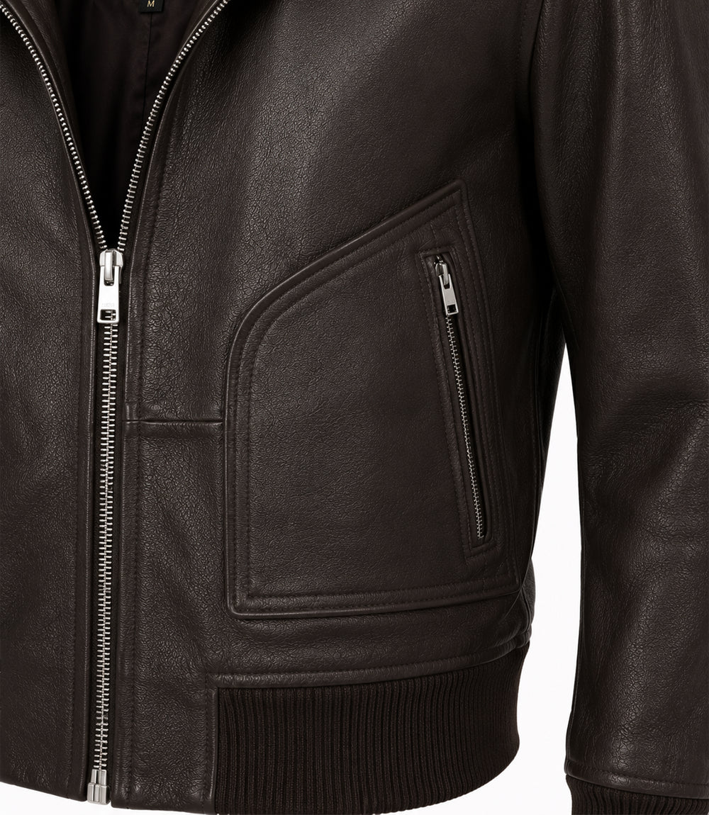 Men’s Espresso Brown Leather Zip Bomber Jacket in XS - Jacket Aura