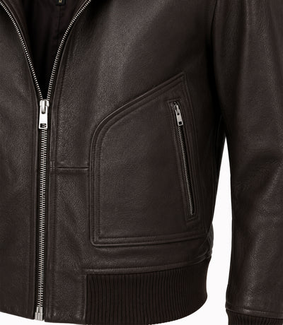 Men’s Espresso Brown Leather Zip Bomber Jacket in XS - Jacket Aura