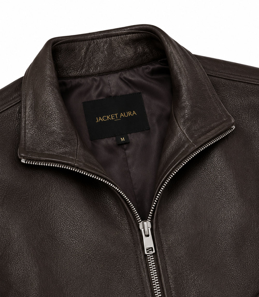 Men’s Espresso Brown Leather Zip Bomber Jacket in XS - Jacket Aura