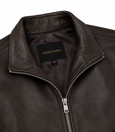 Men’s Espresso Brown Leather Zip Bomber Jacket in XS - Jacket Aura