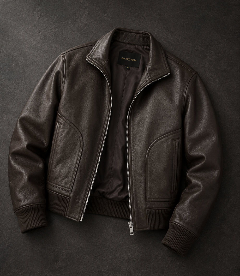 Men’s Espresso Brown Leather Zip Bomber Jacket in XS - Jacket Aura