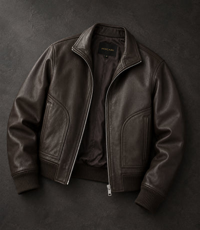 Men’s Espresso Brown Leather Zip Bomber Jacket in XS - Jacket Aura