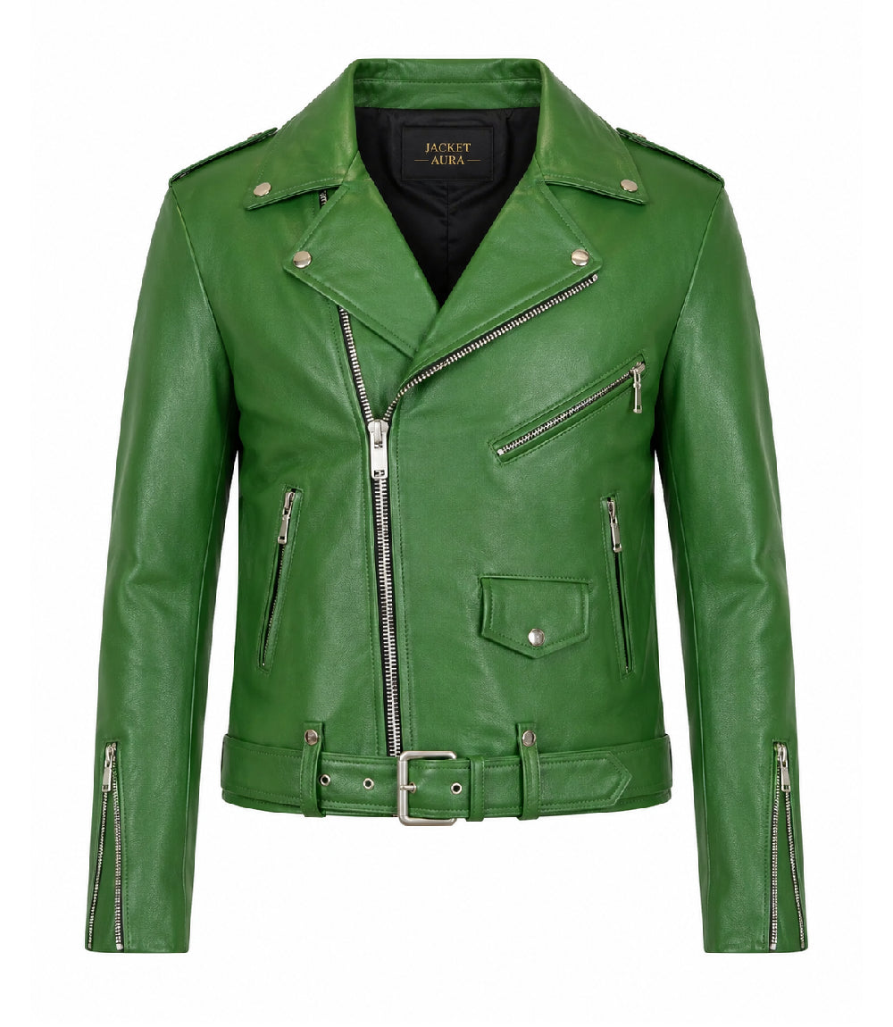 Men’s Green Leather Biker Jacket