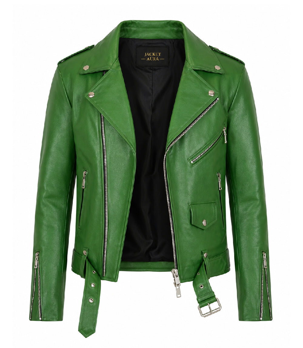 Men’s Green Leather Biker Jacket